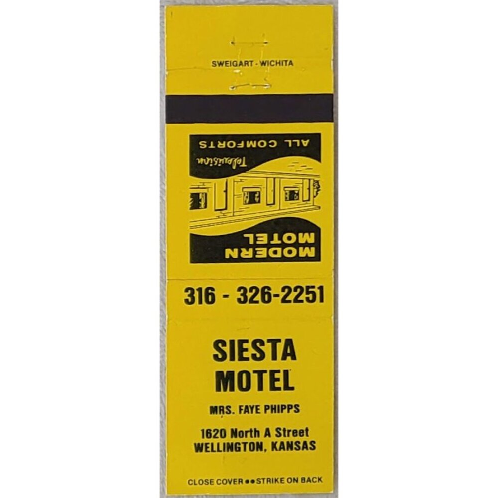 Vintage Matchbook Cover Siesta Motel Wellington KS Kansas Yellow